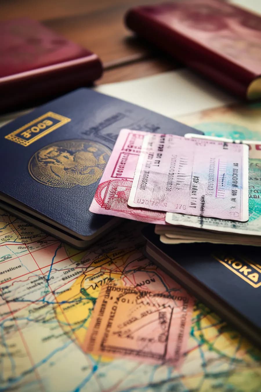 Passports and visa papers on a travel map